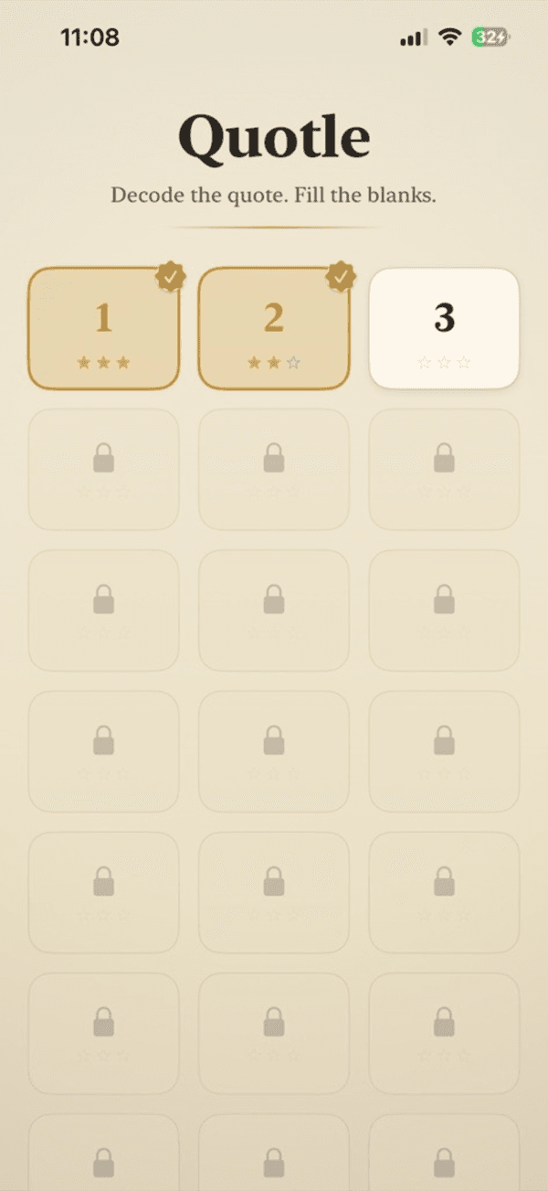 Quotle level selection screen