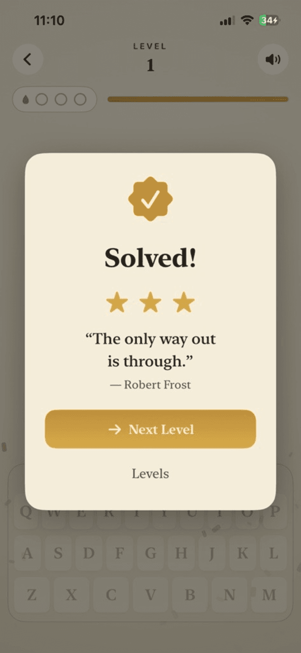 Quotle solved screen with stars and the quote